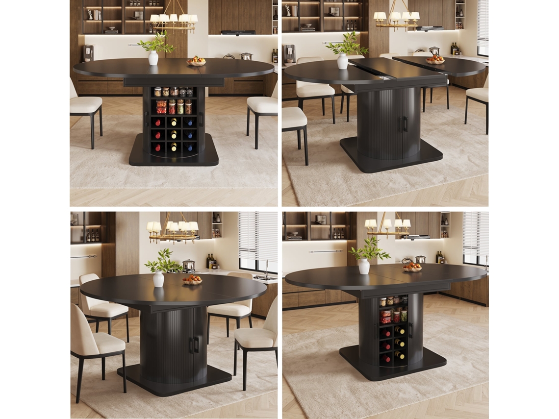 Mesa de Jantar NOVELA extensível, multifuncional, com prateleiras extraíveis, MDF preto