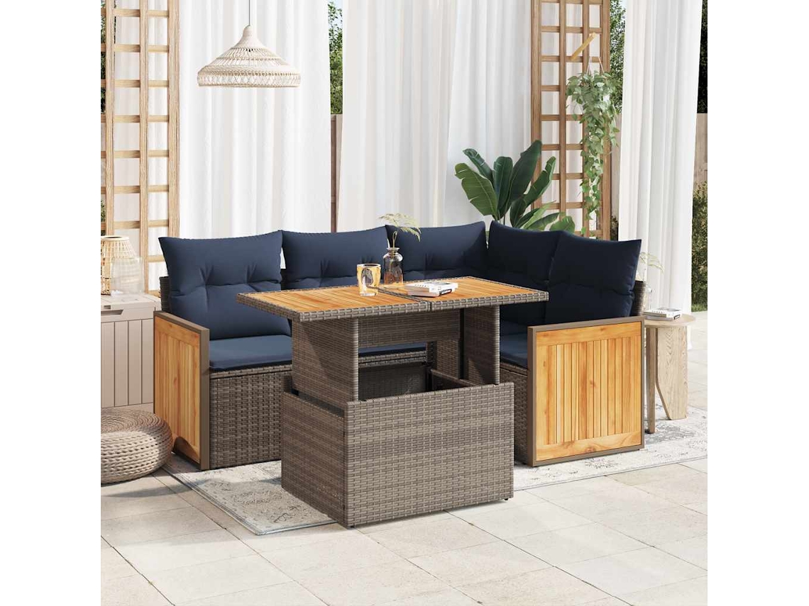 Vidaxl 5 Pcs Conjunto Sofás De Jardim C/ Almofadões Acácia E Vime Pe