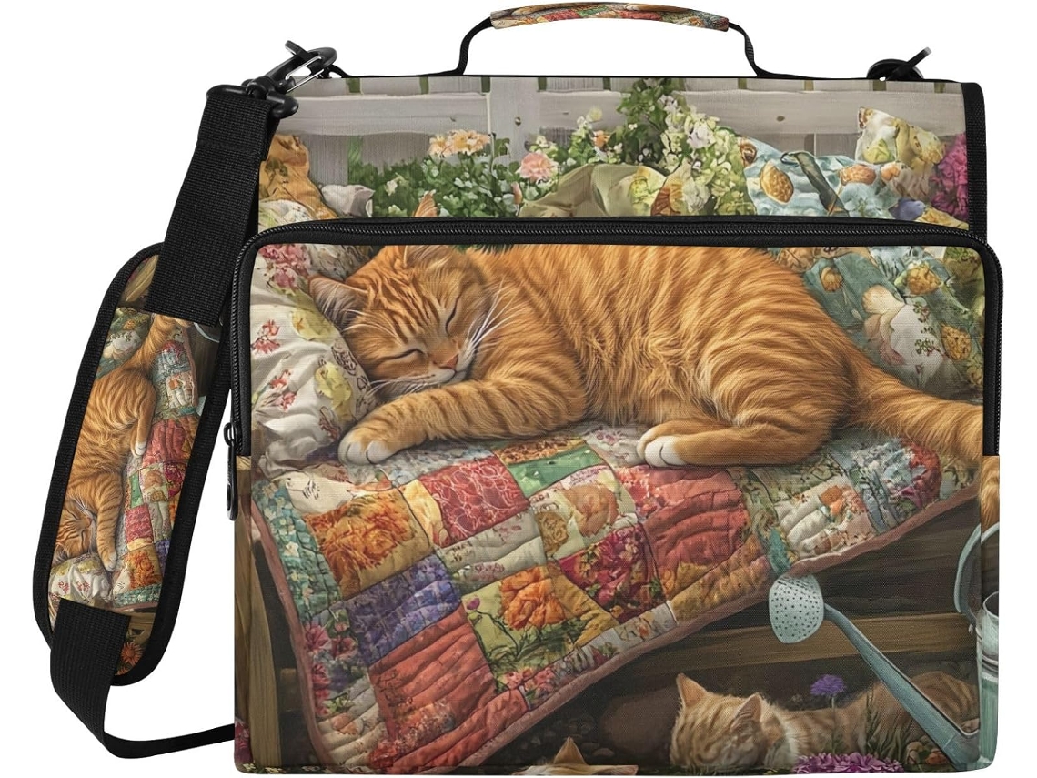 Organizador de massa com estampa floral, compartimento com zíper para datar, porta-macarrão com 3 argolas e compartimento para laptop.