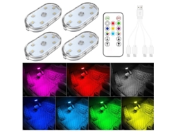 4 Pcs Luzes Led para Interior de Carro com Controle Remoto, 7 Cores, Recarregável Via Usb