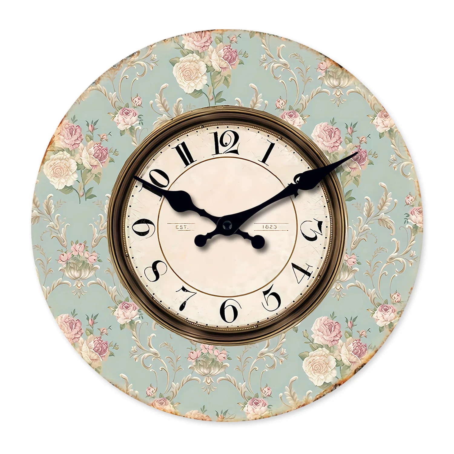 Relógio de parede vintage romântico em madeira com estampa de rosas rosa e azul (30 cm), relógio de quartzo silencioso.