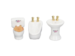 Mali conjunto Banheiro Miniatura Casa Boneca 1/24 Cerâmica Banheira Toalete Pia Flor 3 Peças