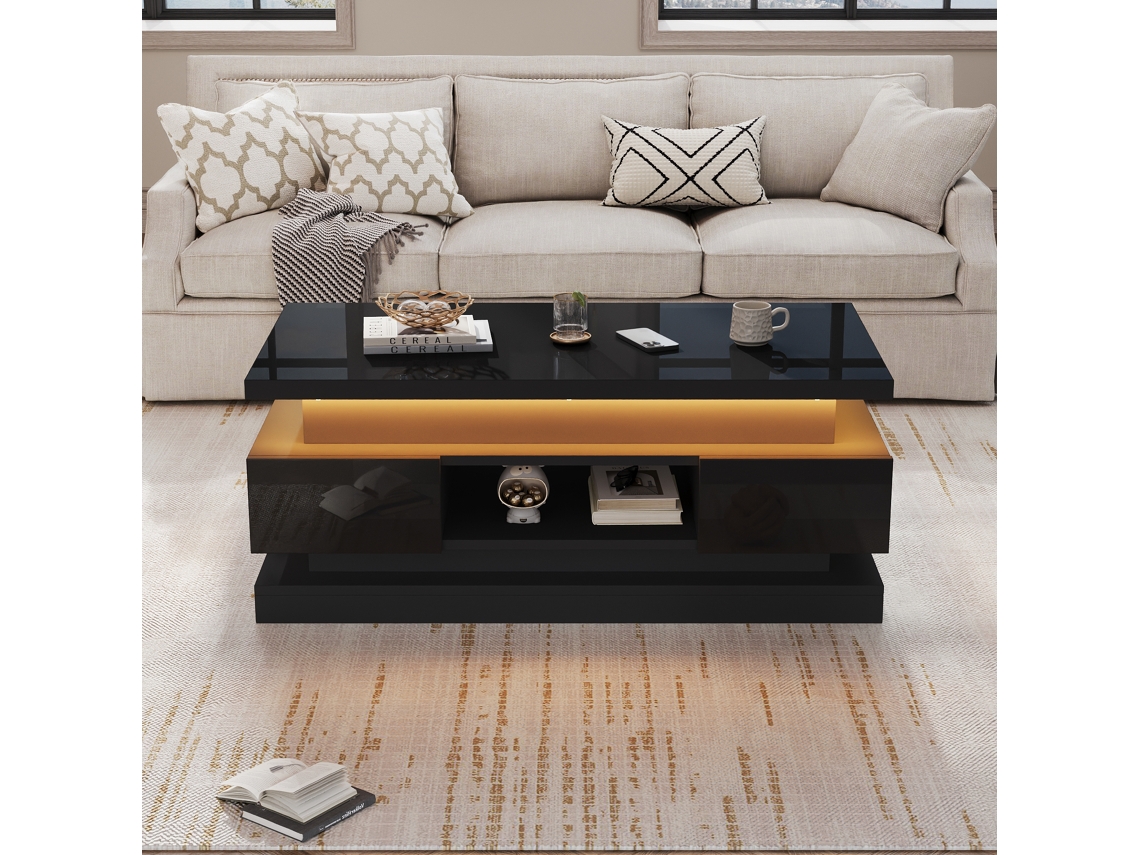 Mesa de centro elevável com 2 gavetas e LED de alto brilho com espaço de armazenamento oculto, em MDF marrom, modelo moderno PAPRIKA SHOP (100x50 cm)