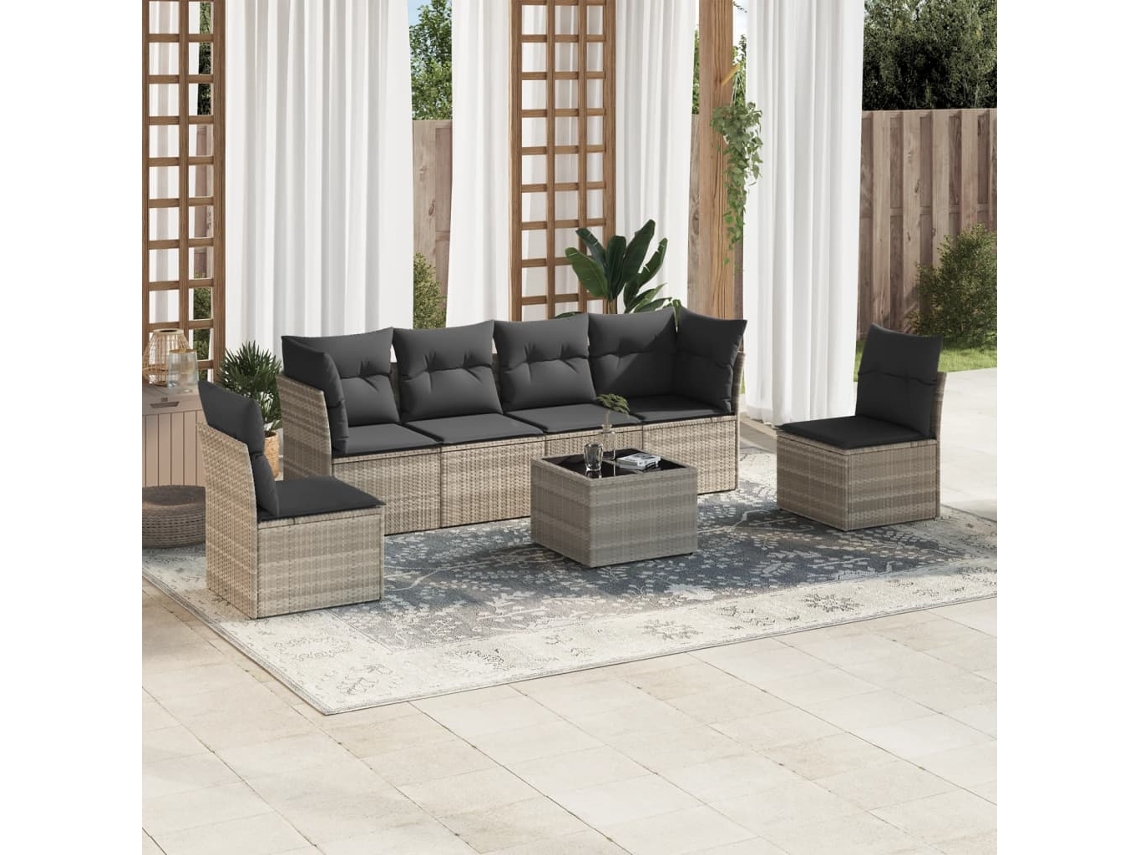 Vidaxl 7 Pcs Conj. Sofás Jardim com Almofadões Vime Pe Cinzento claro