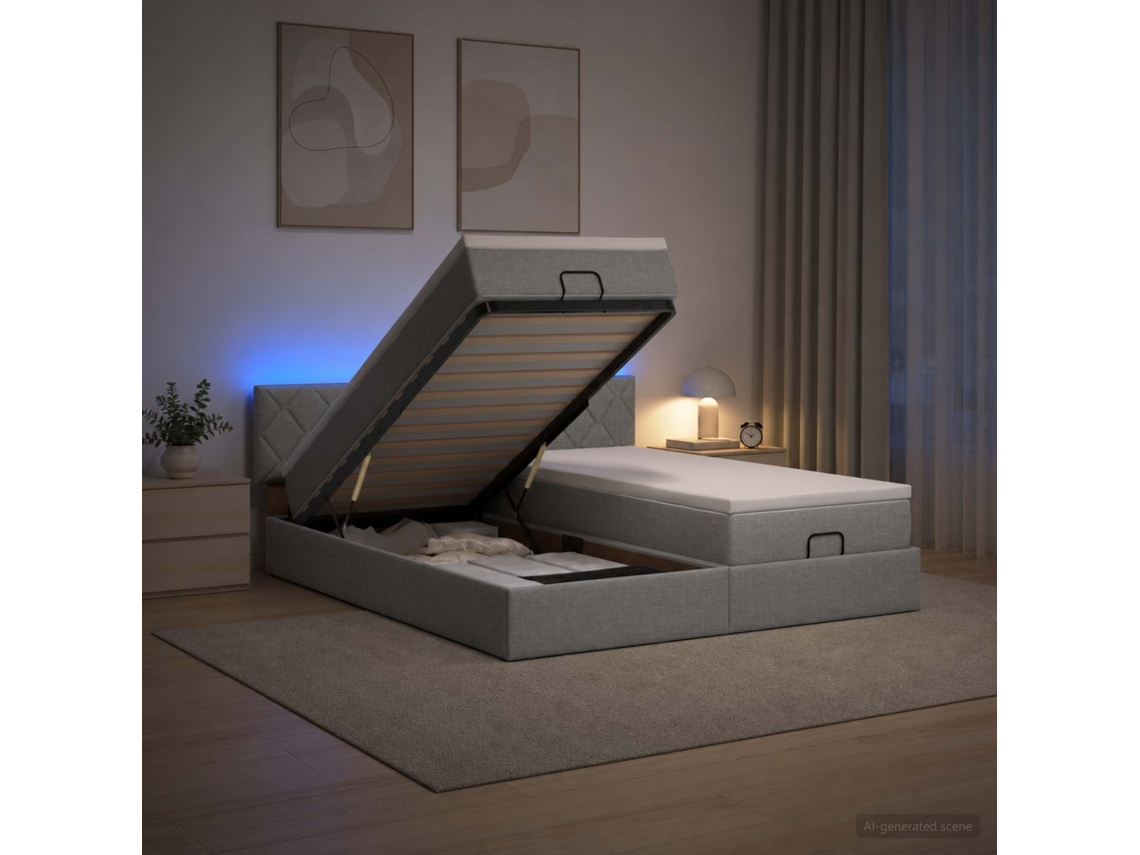 Vidaxl Cama Ottoman Com Colchão E Led Cinzento-claro 200 X 200 Cm