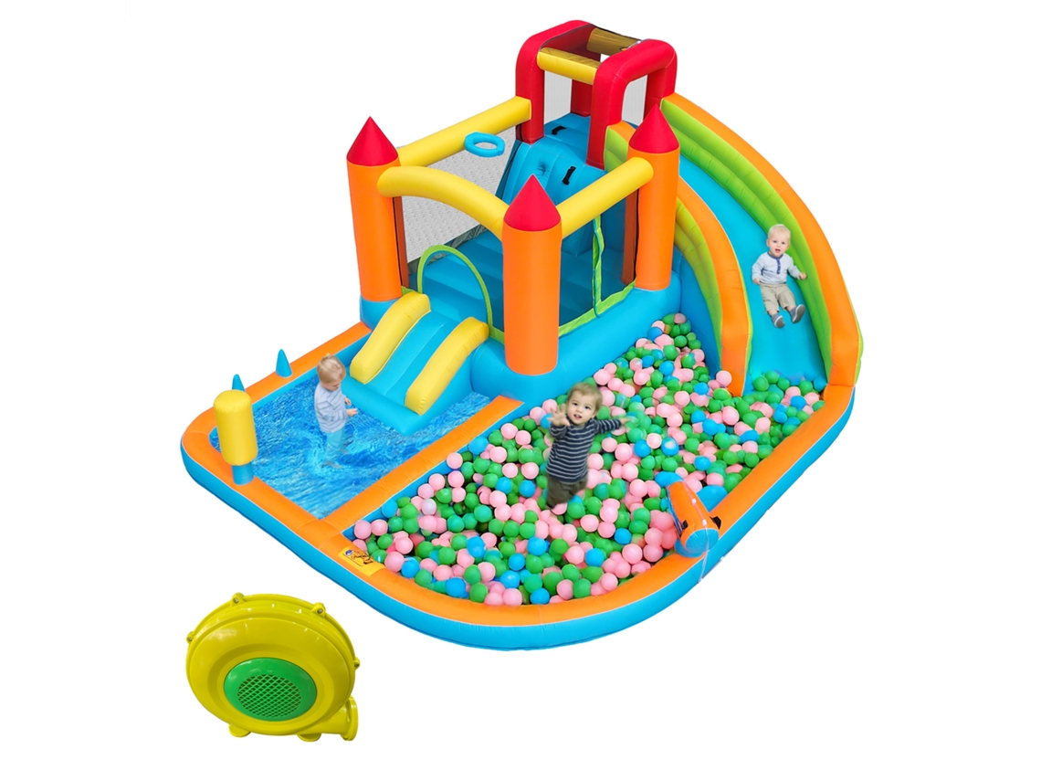 Castelo Inflável 5 em 1 com Escorregador, Trampolim, Cesta de Basquete e Soprador, Multifuncional para Eventos e Jardim cs