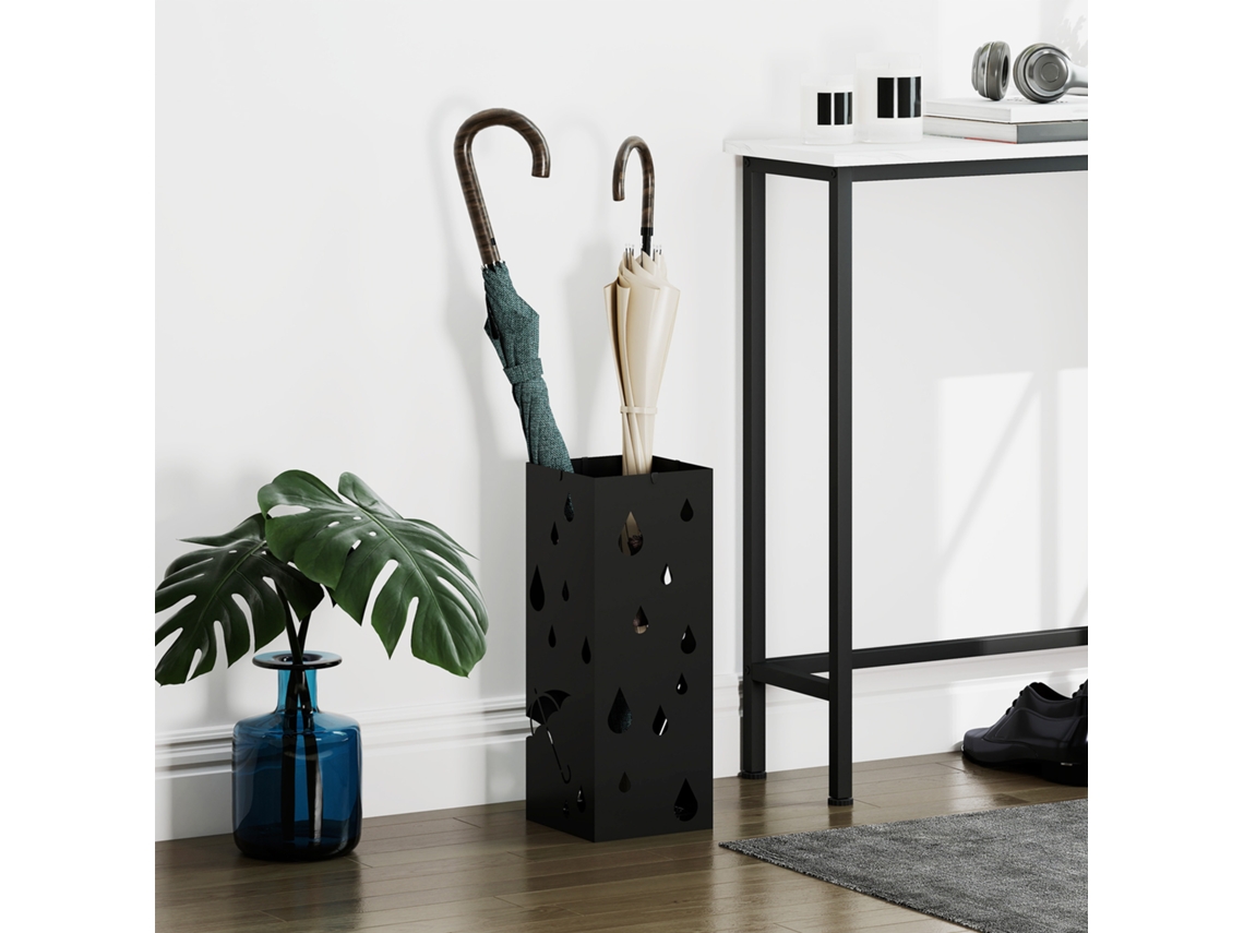 Umbrella Stand, 4 Hooks, Drip Tray, Steel, Black