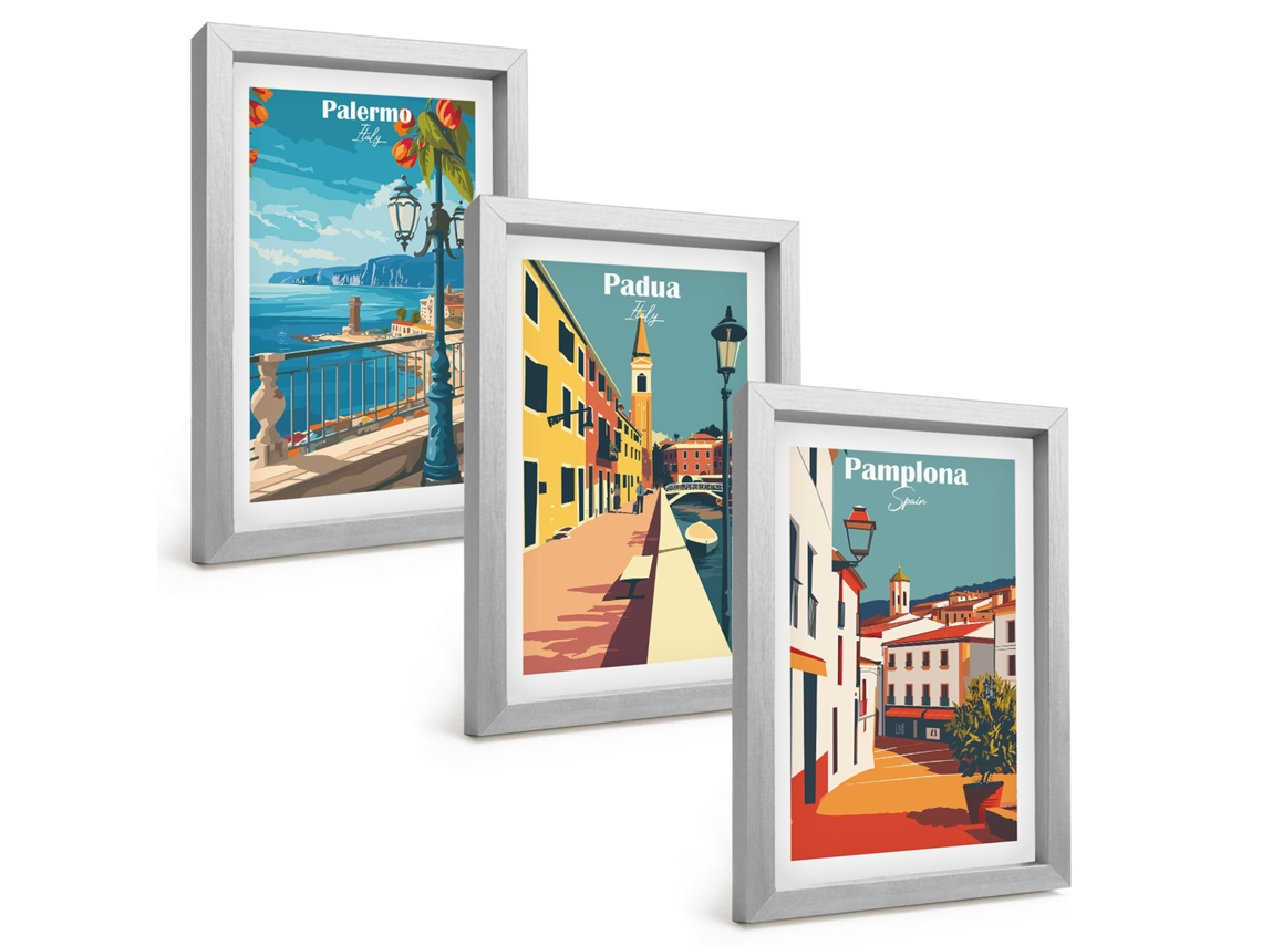 Composição De Quadros Ilustrações De Cidades Retrô Espelharte (3 Peças 20x30 Cm)