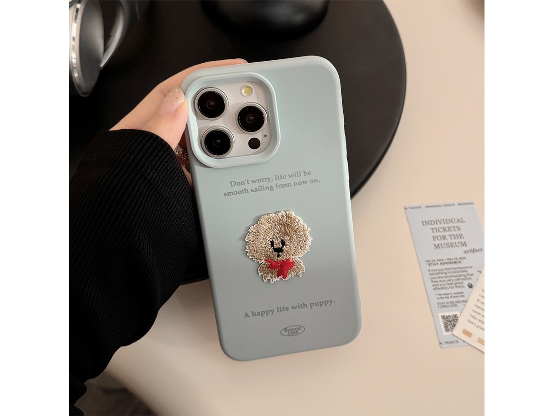Capa Para Iphone 17 Pro Max, Azul-fumaça, Com Adesivo Bordado De Cachorro Bagunçado, Filhote Bordado Em Silicone Macio 3d.