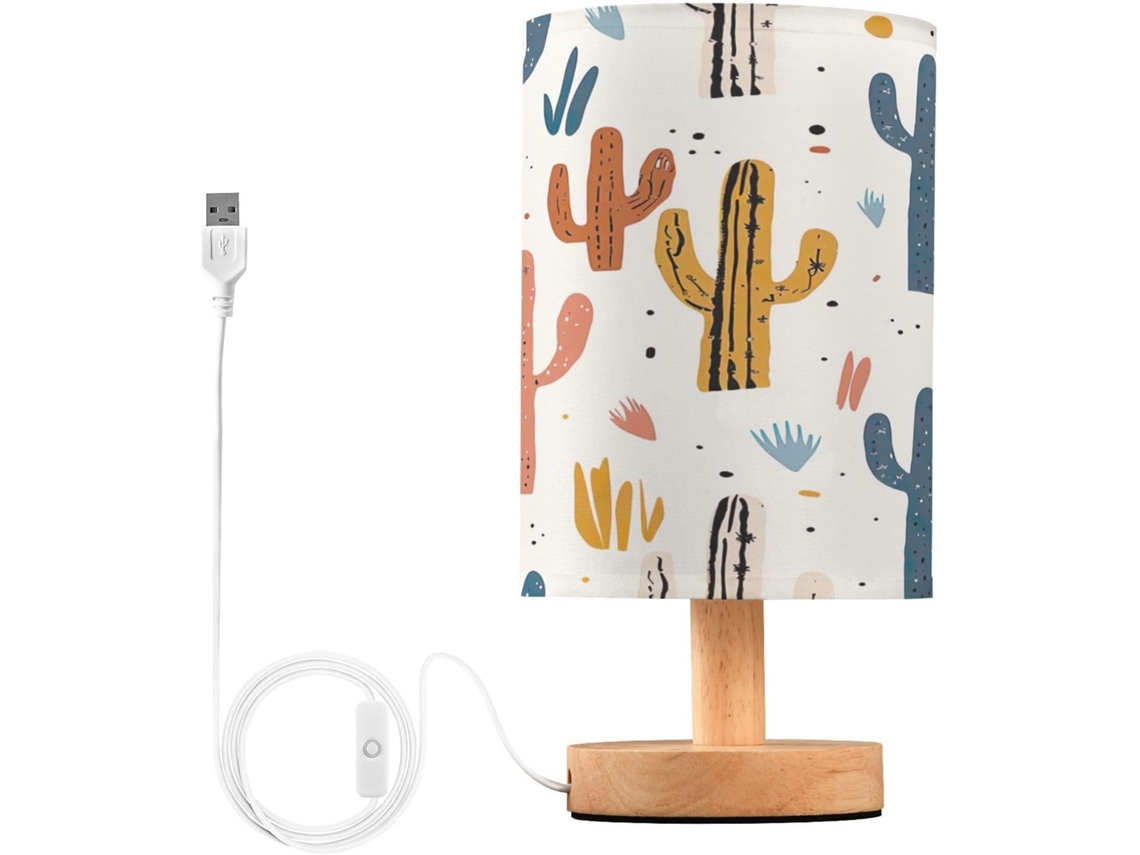 Abajur De Cabeceira Em Aquarela Com Estampa De Cacto, Portas De Carregaje USB C, Luminária De Mesa Cabeceira, Luminária
