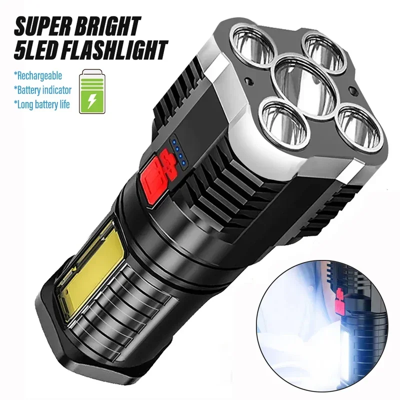 Lanterna Led De Alta Potência Com 5 Leds, Luz Lateral E Três Modos De Iluminação.