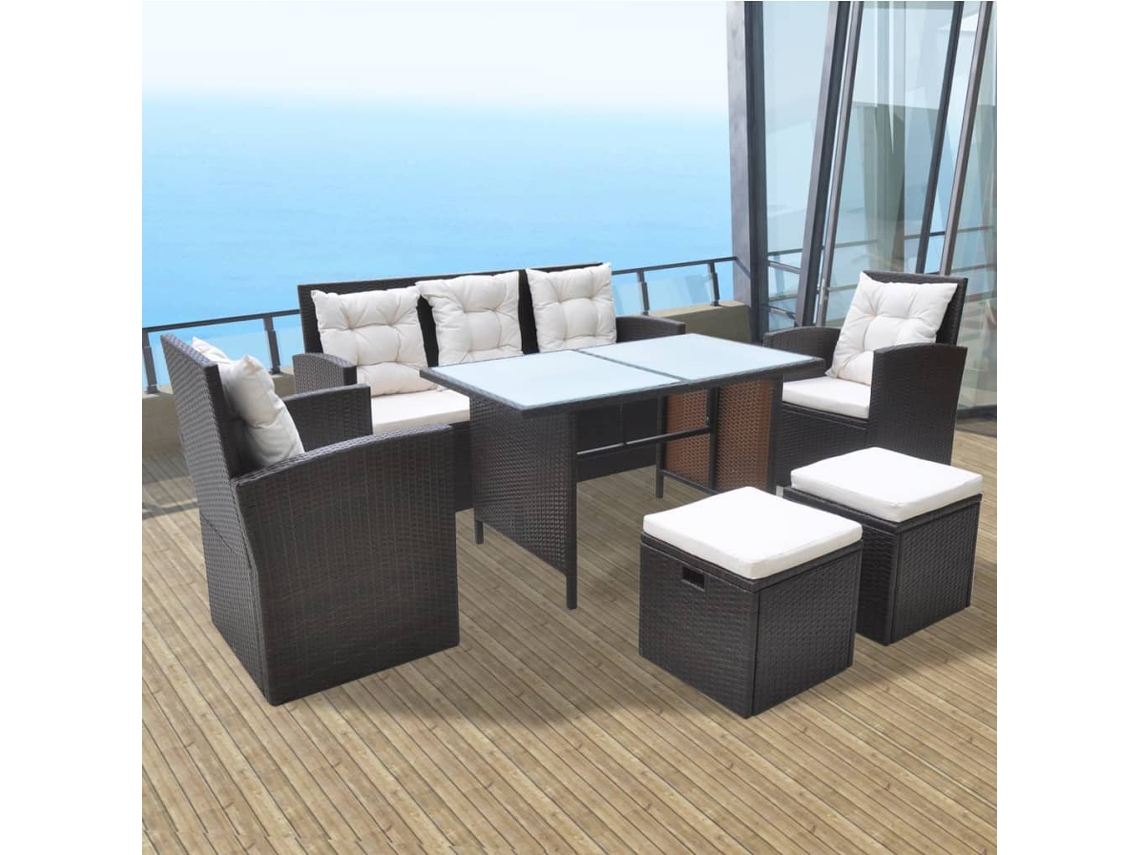 Vidaxl 6 Pcs Conjunto Jantar Exterior Com Almofadões Vime Pe Castanho