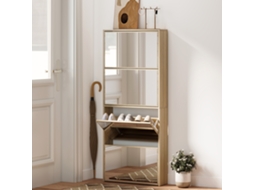 Móvel Calçadeiro Estreito Natural Com Espelho E 4 Portas Sanfonadas Para 12 Pares De Sapatos - 63x17x146 Cm