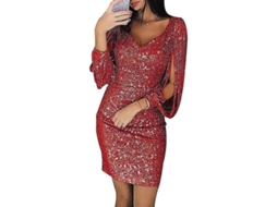 Vestido Curto De Lentejuelas Para Mulher Com Colo V Profundo E Mangas Longas Com Tassel Vermelho Rgv4xl 4xl Rojo