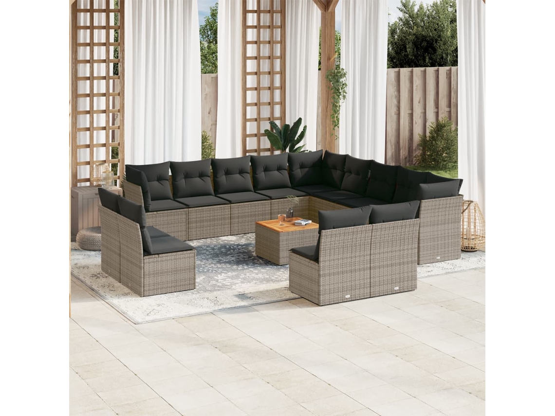 Vidaxl 14 Pcs Conjunto Sofás P/ Jardim C/ Almofadões Vime Pe Cinzento