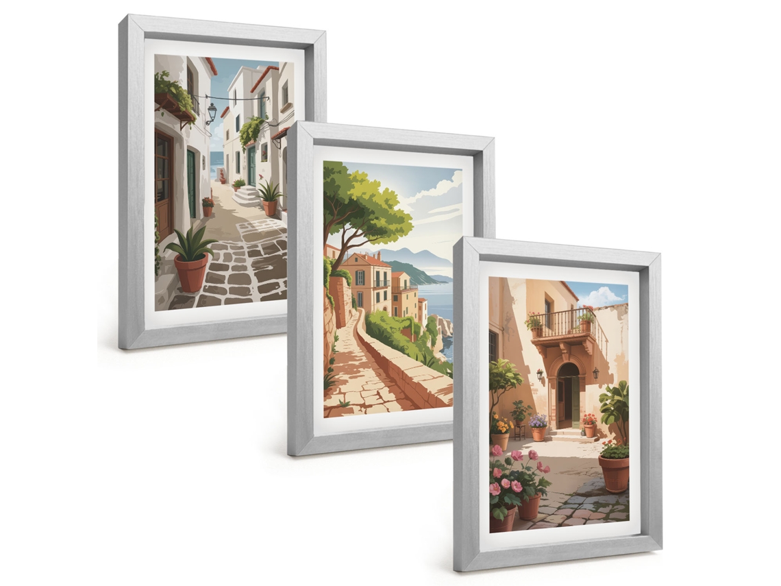 Galeria De Pinturas Muraisruas, Casas, Plantas, Vasos Moldura Prateada Fotos Para O Escritório Espelharte (3 Peças 20x30 Cm)