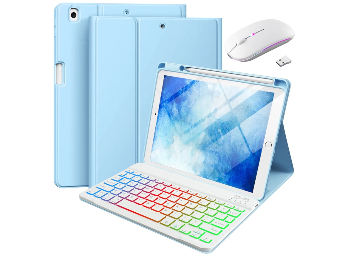 Capa Com Teclado Para Ipad 7ª/8ª/9ª Polegadas, Com Teclado Retroiluminado Em 7 Cores E Mouse (azul Celeste) Cuich (10,2)