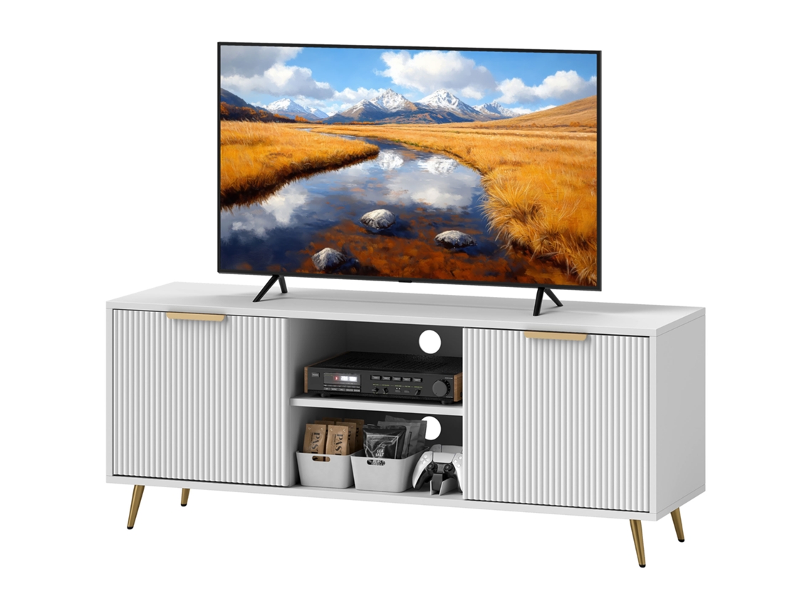 Suporte De Tv Com 2 Compartimentos E Portas 55 Polegadas, 120x35x48cm, Branco