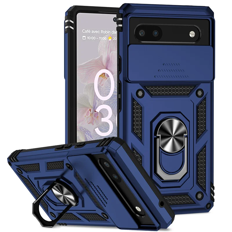 (azul, Google Pixel 8) Capa Resistente Com Proteção Deslizante Para A Câmera E Suporte De Anel Metálico Magnético Com Rotação De 360°