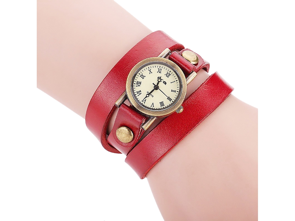 Relógio de Pulseira Feminino Estilo Punk Multicamada de Liga Quartzo Vermelho