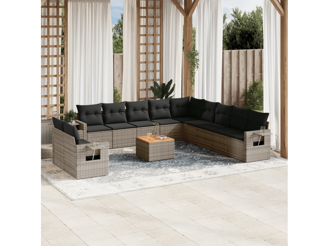 Vidaxl 12 Pcs Conjunto De Sofás Jardim C/ Almofadões Vime Pe Cinzento