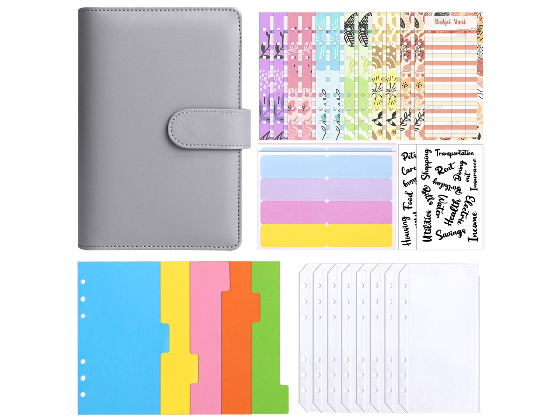 A6 Pu Ring Binder Zipper Notebook, Macaron Style, Gray, With 12-cash Budget Cards, 8-zipper Pouches, 2-english Stickers