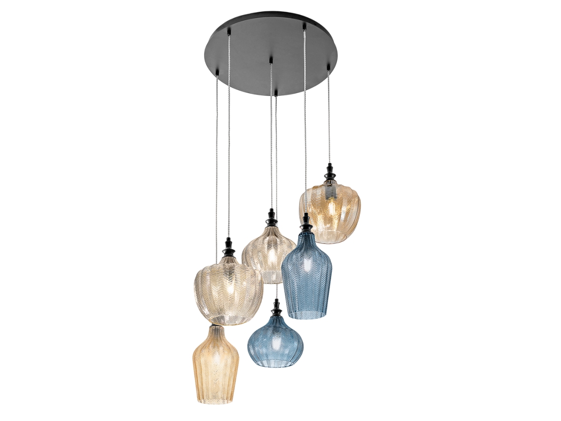 Cleofe Lustre Suspenso De 6 Luzes Com Vidro Âmbar, Ocre E Cobalto 6xe27 Max 6x60w, Design Elegante E Moderno, Ip20 Gea Luce
