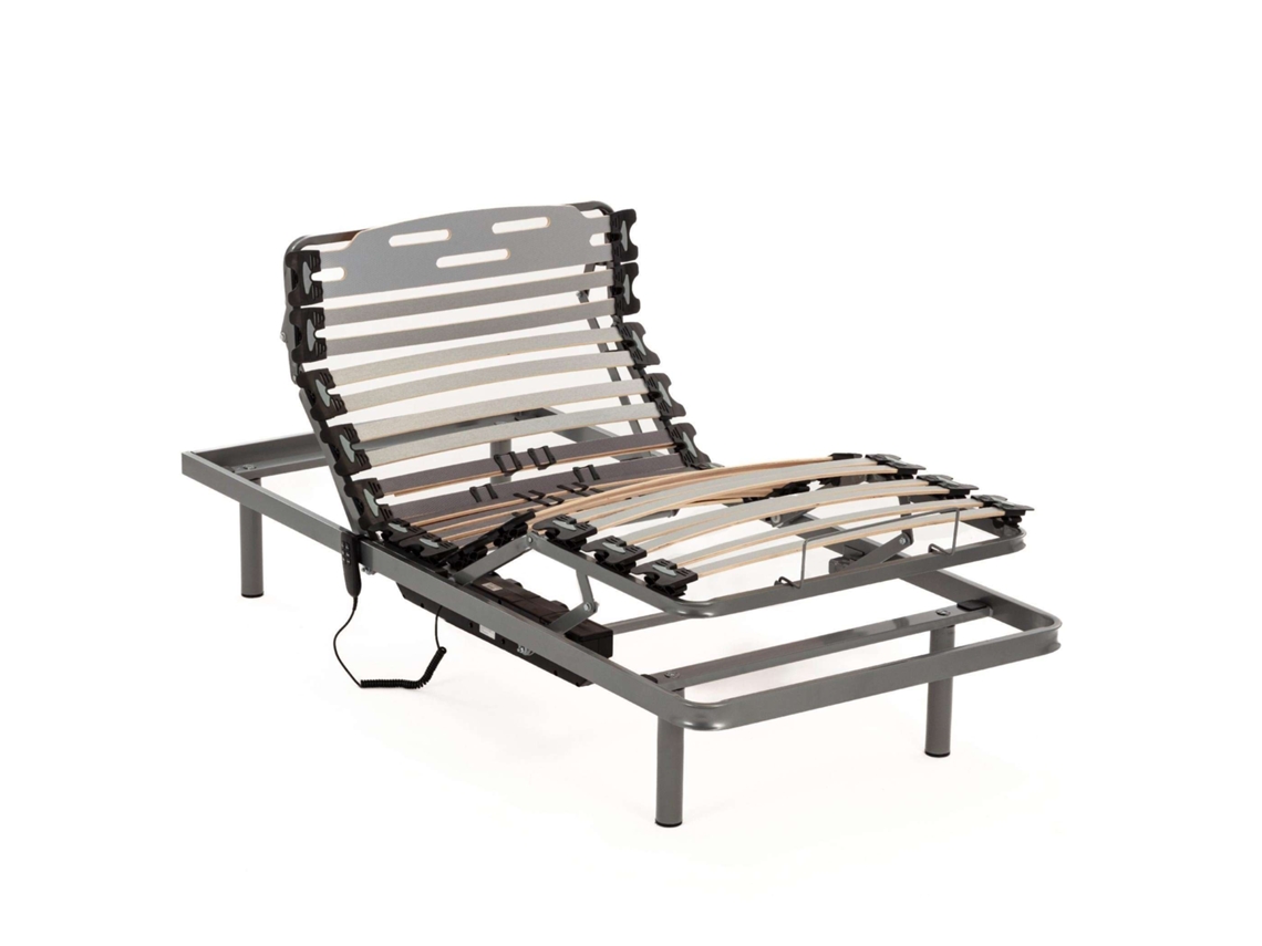 Cama articulada NALUI Procare 90x190 cm com controle remoto Procare, 11 ripas de madeira de faia (10 cm) e estrutura de aço cinza