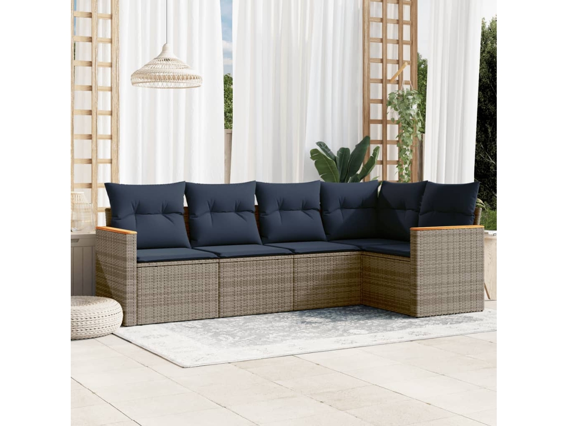 Vidaxl Conjunto De Sofá De Jardim De 5 Peças Com Almofadas Em Rattan Sintético Cinza