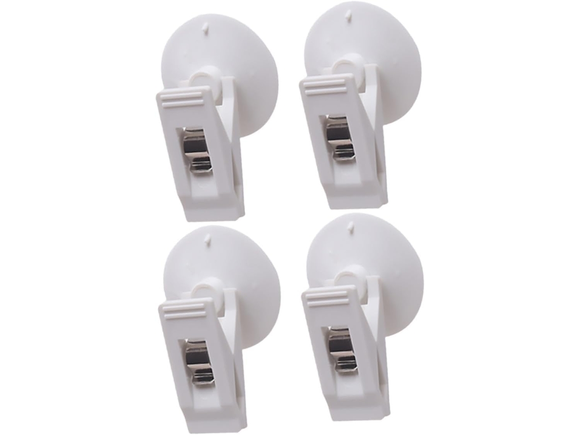 Conjunto de 4 clipes de ventosa brancos para carro, em ABS, com design simples e leve, ideais para fotos e cartões.