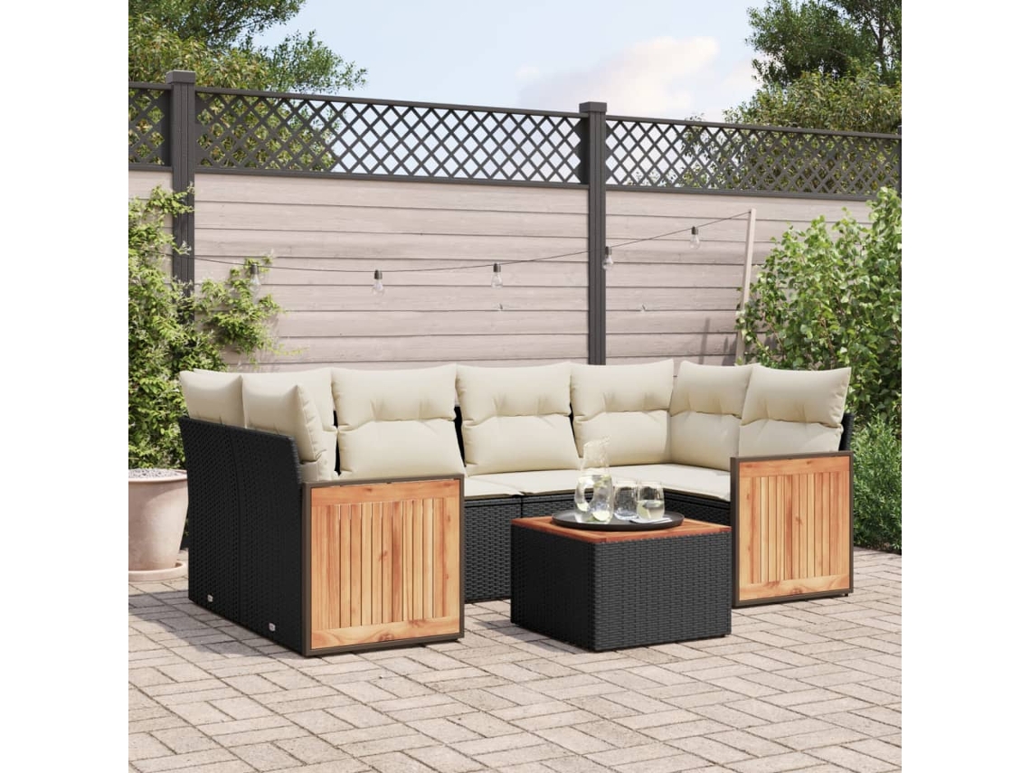 Vidaxl 7 Pcs Conjunto De Sofás P/ Jardim C/ Almofadões Vime Pe Preto