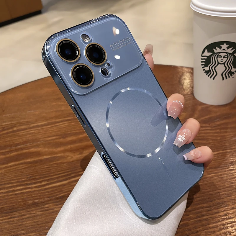 Capa Magnética Para Iphone 14 Pro Azul, Proteção Para Lente, Capa Rígida Fosca Em Policarbonato.