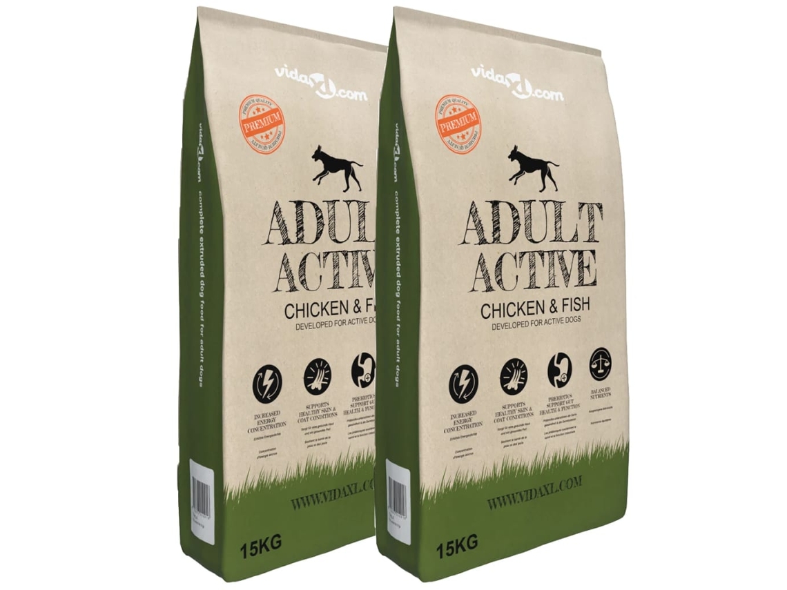 Vidaxl Ração Premium Cães Adult Active Chicken Fish 2 Pcs 30 Kg