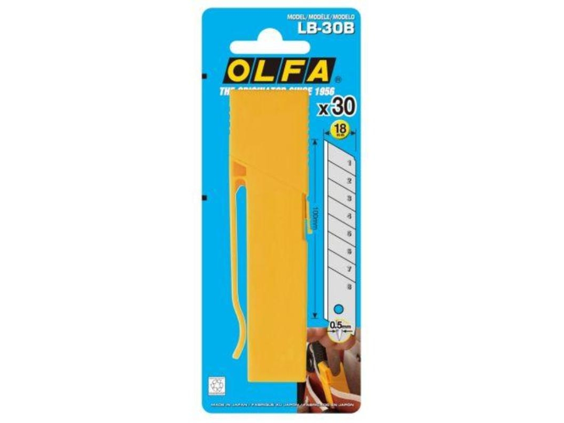 Pack de 30 lâminas segmentadas prateadas de 18 mm em caixa de plástico com clip OLFA