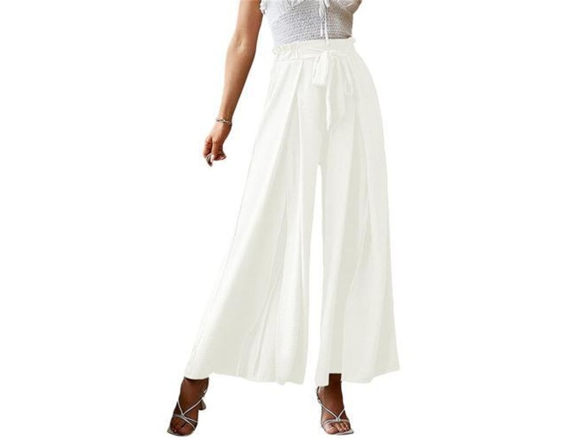 2026 calças Femininas Elegantes de Cintura Alta com Ruched e Split, Calças Flutuantes para Lounge S Blanco