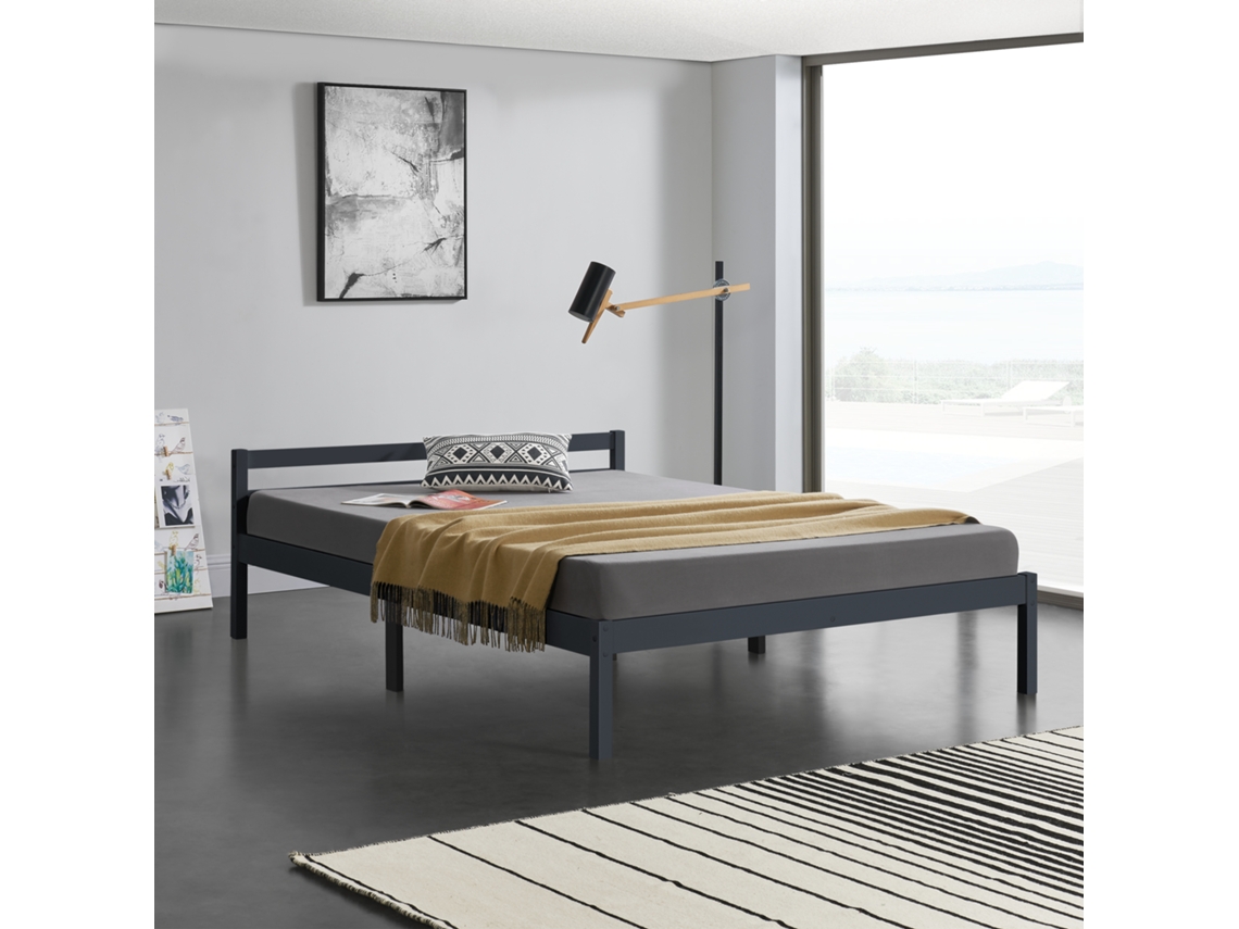 Cama de Casal [EN.CASA] (206 x 146 x 50 cm - Madeira de Pinho - Cinzento)