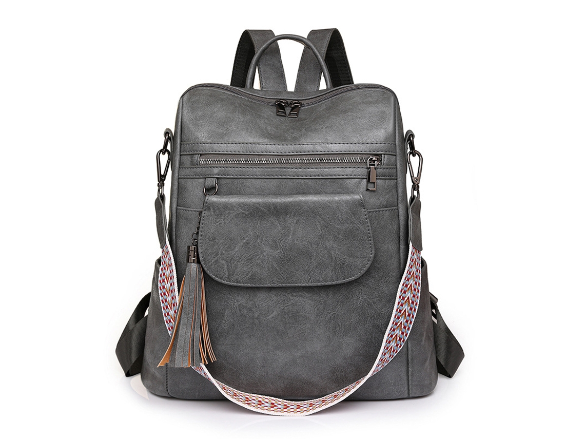 Mochila Feminina Moda Couro Pu com Borla Grande Capacidade, Cinza DIGITALLAB