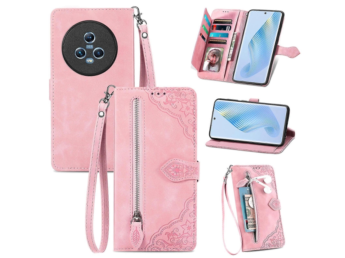 Capa De Celular For Honor Magic5 Em Couro Com Zíper E Estampa De Flor Em Relevo