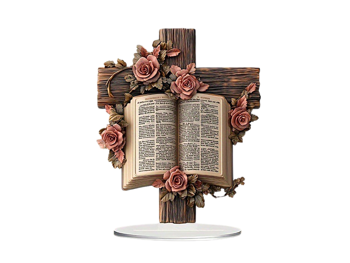 Estante de livros decorativa 16x20cm com cruz e rosa para escrivaninha LAXISCREED