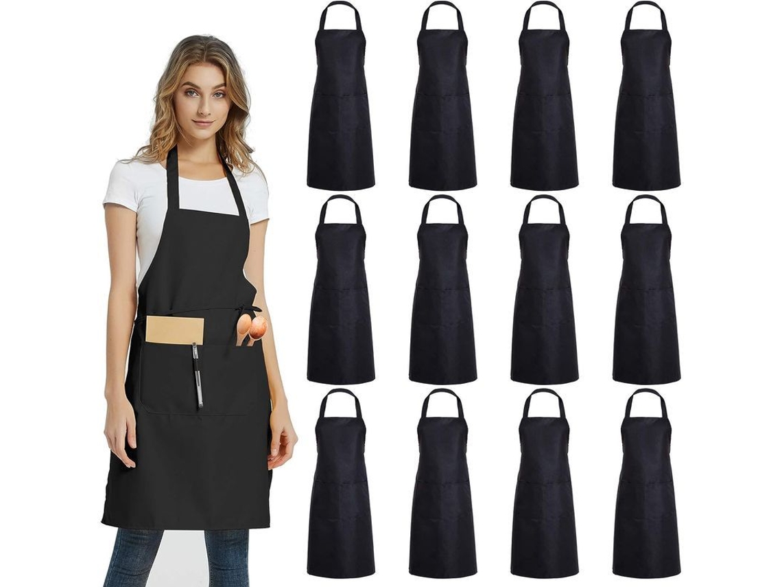 2026 12 Aventais Lisos com 2 Bolsos, Pretos, Unissex, para Cozinha, Restaurante, Churrasco, Pintura e Artesanato