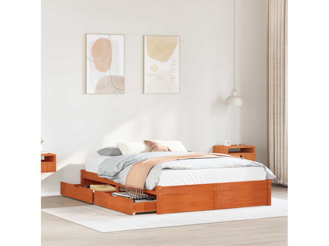 Vidaxl Estrutura Da Cama Com Gaveta Com Roda Marrom Cera 150 X 200 Cm