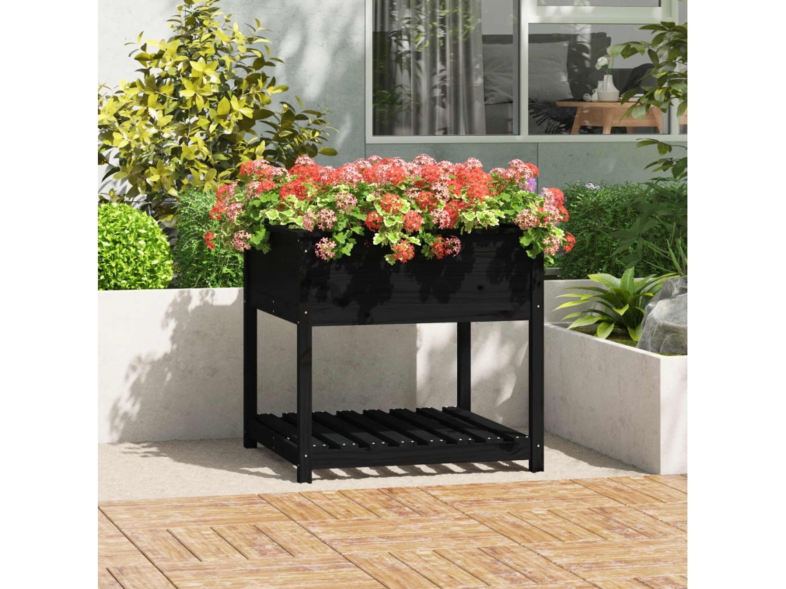 Vidaxl Vaso/floreira Com Prateleira 82,5x82,5x81 Cm Pinho Maciço Preto