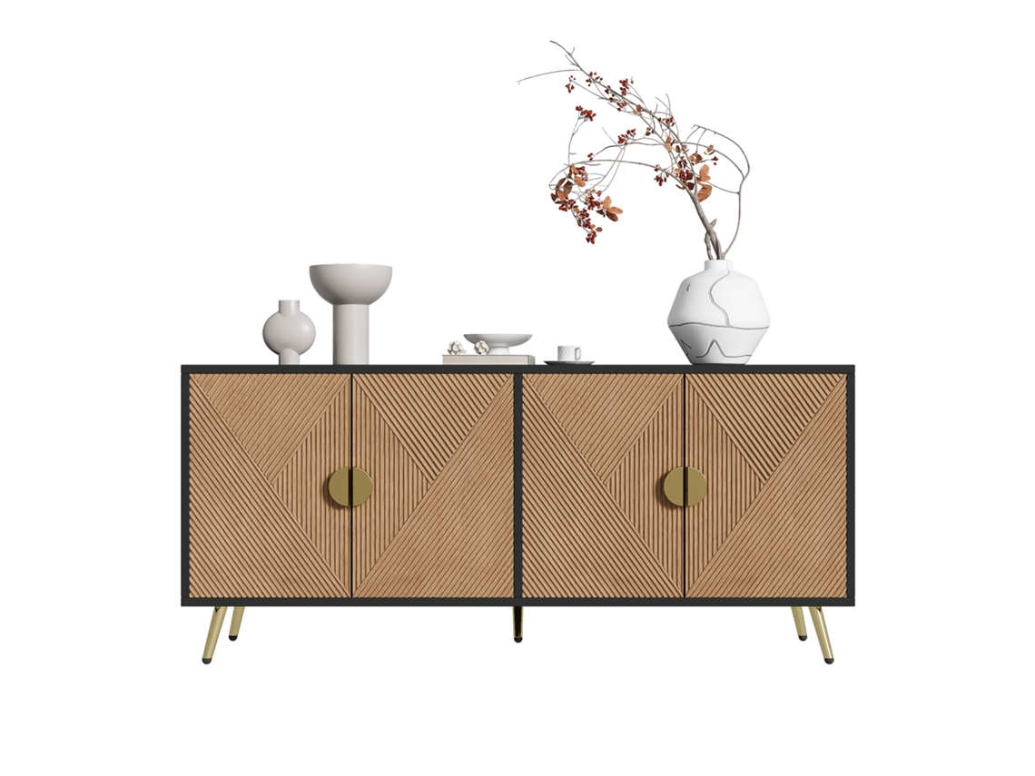 Aparador De 160 Cm, Quatro Portas, Alças Dourada Escovadas E Pernas De Mesa De Alto Brilho-hm