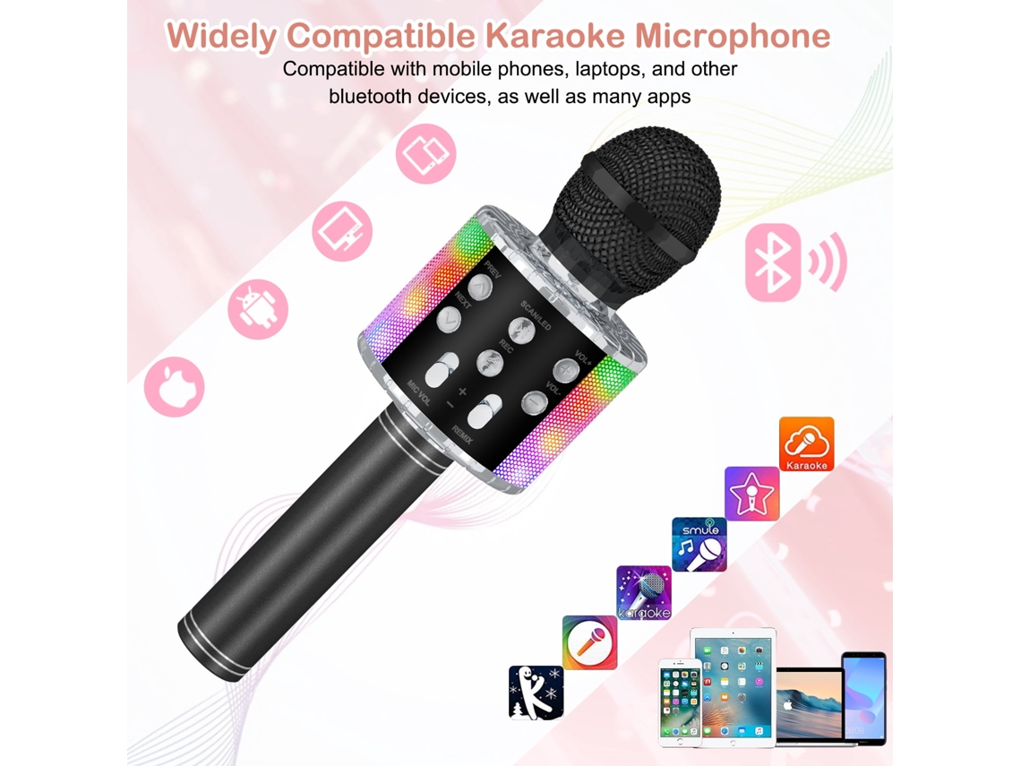 Microfone De Karaokê Sem Fio Bluetooth Portátil Infantil Led Preto