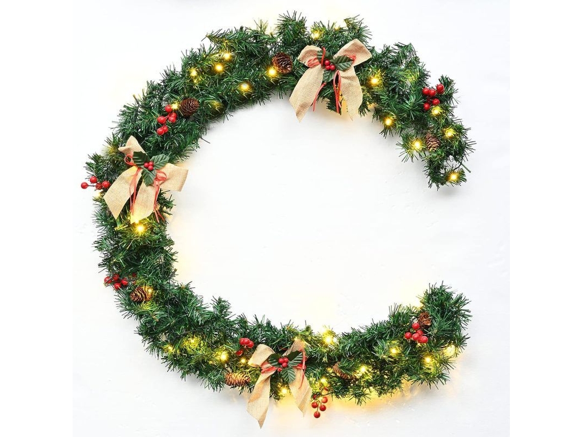Guirnalda De Navidad De 1,8 M Con 50 Luces Led, Lazos Dorados, Piñas Y Bayas Rojas Para Chimenea, Árbol De Navidad Y Puertas
