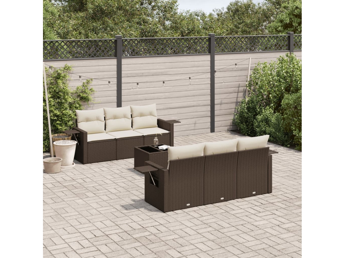 Vidaxl 7 Pcs Conjunto de Sofás Jardim C/ Almofadões Vime Pe Castanho
