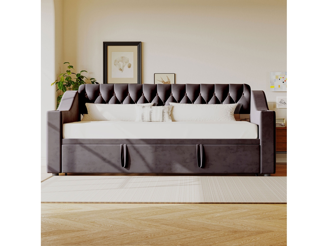 Cama De Gavetão 90/180x190 Cm - Com Tomadas E Bolso De Arrumação - Tecido De Veludo - Cinzento Escuro