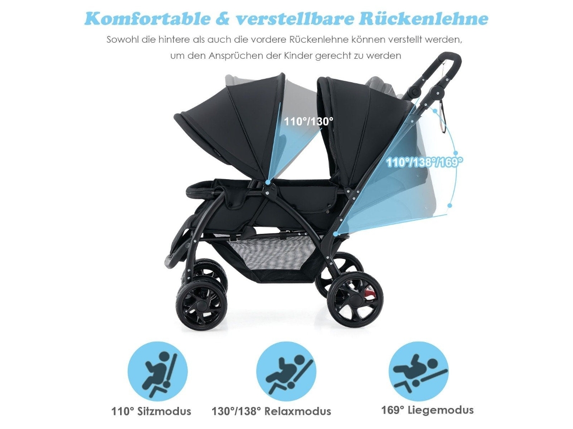 Carrinho de Bebê Duplo Dobrável com Encosto Ajustável, Preto NORTHIX