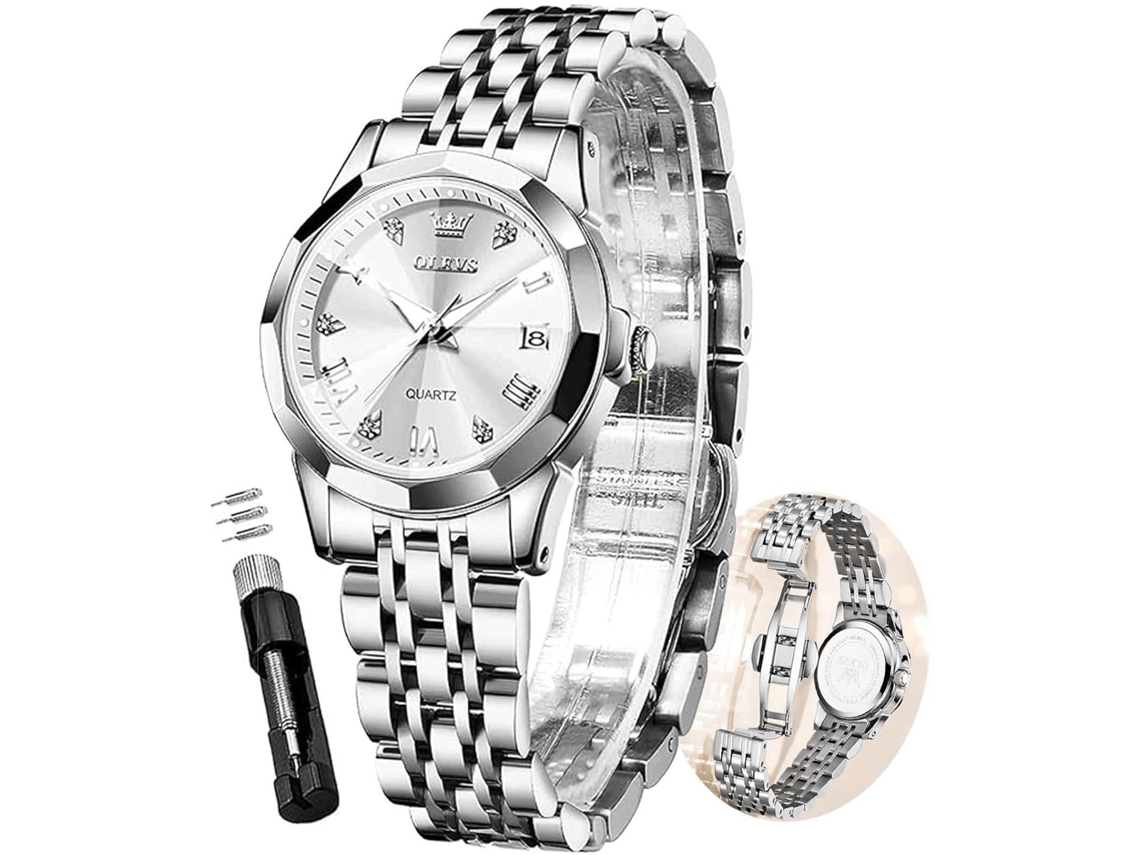 Lurelia Relógio Feminino, Movimento De Quartzo, Analógico, Data/calendário, Aço Inoxidável, Resistente À Água, Branco