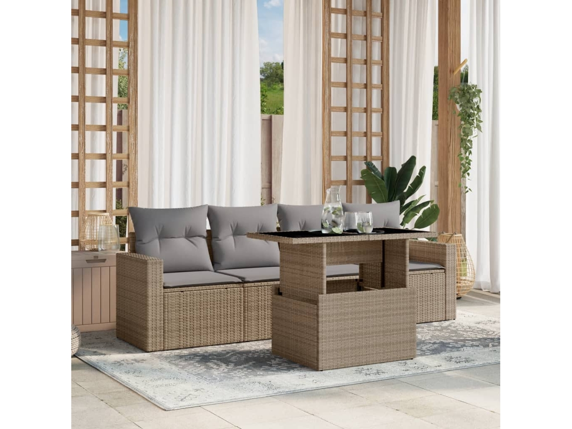 Vidaxl 5 Pcs Conjunto De Sofás P/ Jardim Com Almofadões Vime Pe Bege